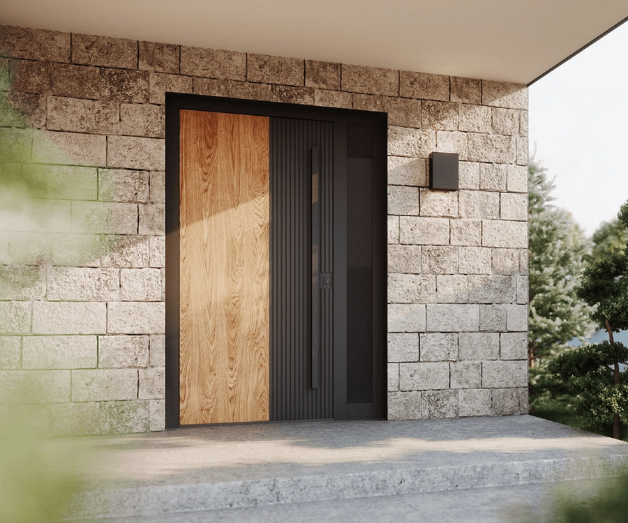 Drzwi Aluminiowe KOBBE z kolekcji Alu Wood z wykończeniem drewnianym