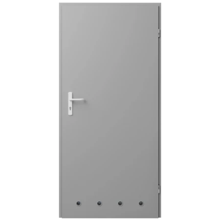 Drzwi techniczne 40 mm z tulejami wentylacyjnymi bez szyby do pomieszczeń gospodarczych piwnicy garażu komórki WC boczne tylne z klamką szare