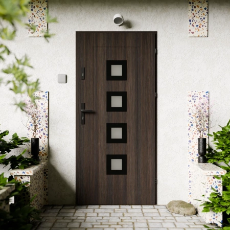 Drzwi zewnętrzne stalowe do domu Quarto Black 72mm z klamką czarną energooszczędne Ud=1.3 reflex szary szyba mleczna Program Czyste Powietrze