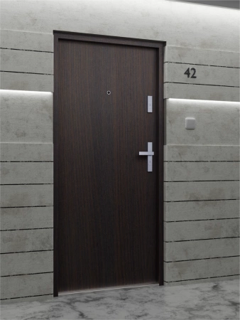 Drzwi wewnątrzklatkowe antywłamaniowe RC3 z Certyfikatem akustyczne wyciszające 47 dB 55 mm stalowe gładkie z klamką inox srebrną dąb bagienny G00