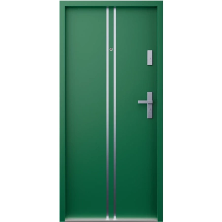 Drzwi wewnątrzklatkowe antywłamaniowe RC3 z Certyfikatem akustyczne wyciszające 47 dB 55 mm stalowe z klamką inox srebrną i aplikacjami zielone A7