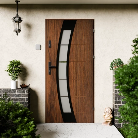 Drzwi zewnętrzne stalowe do domu Efekta Black 72 mm z klamką czarną energooszczędne Ud=1.3 lustro weneckie szyba mleczna Program Czyste Powietrze