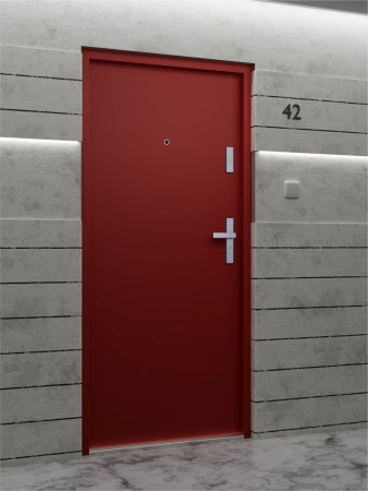 Drzwi wewnątrzklatkowe antywłamaniowe RC3 z Certyfikatem akustyczne wyciszające 47 dB 55 mm stalowe gładkie z klamką inox srebrną czerwone G00