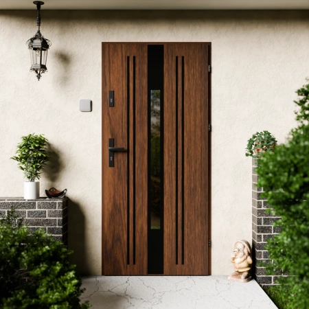 Drzwi zewnętrzne stalowe do domu Elegant Black 72mm z klamką czarną energooszczędne Ud=1.3 lustro weneckie szyba mleczna Program Czyste Powietrze