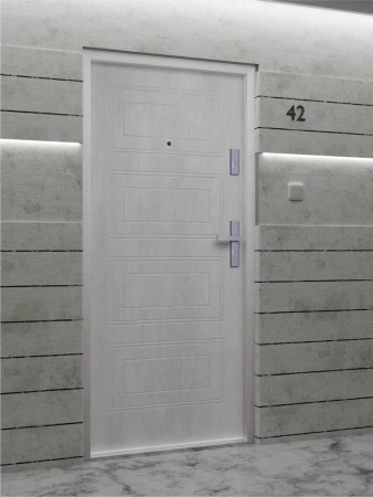 Drzwi wewnątrzklatkowe antywłamaniowe RC3 z Certyfikatem akustyczne wyciszające 47 dB 55 mm stalowe z tłoczeniami z klamką inox srebrną beton T34