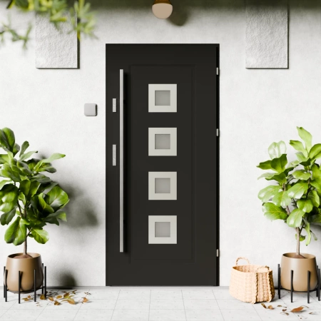 Quarto Inox CK drzwi zewnętrzne 72 mm z antabą/pochwytem energooszczędne Ud-1.3 przeszklone reflex szary szyba mleczna Program Czyste Powietrze