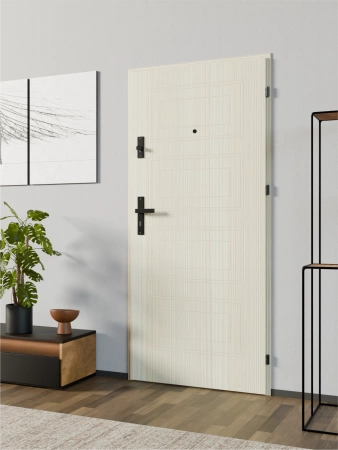 Drzwi wewnątrzklatkowe antywłamaniowe RC3 z Certyfikatem akustyczne wyciszające 47 dB 55 mm stalowe z tłoczeniami z klamką czarną dąb bielony T34