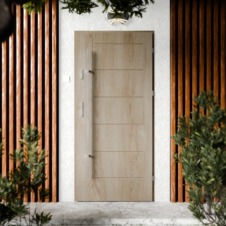 Drzwi zewnętrzne stalowe do domu Basic Inox 72mm z antabą/pochwytem energooszczędne Ud=1.3 bez szyby pełne Program Czyste Powietrze