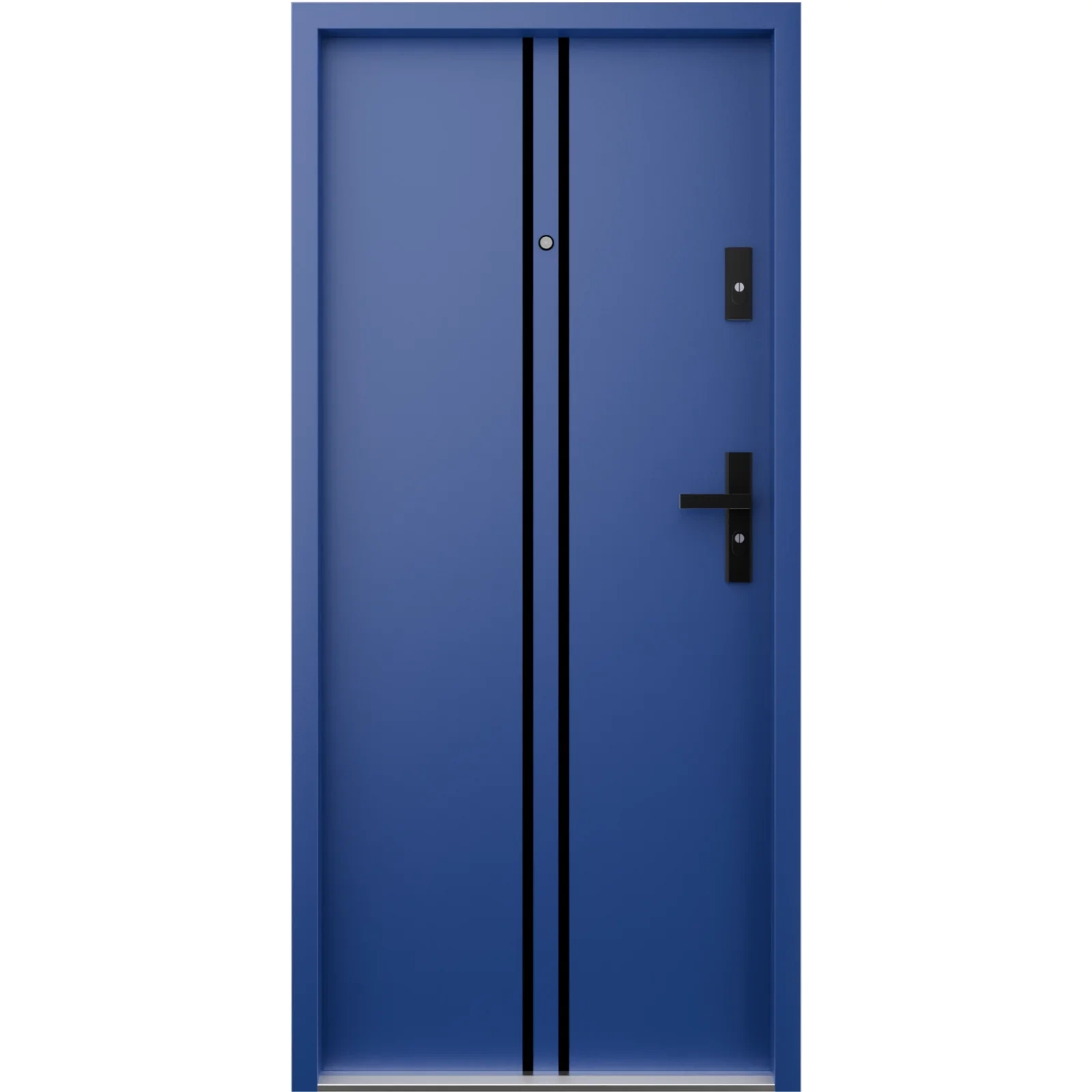 Drzwi klatkowe wejściowe do mieszkania w bloku antywłamaniowe RC3 wygłuszające 47 dB 55 mm stalowe z klamką czarną i aplikacjami niebieskie A7