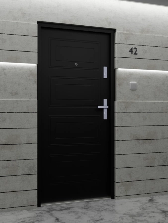 Drzwi wewnątrzklatkowe antywłamaniowe RC3 z Certyfikatem akustyczne wyciszające 47 dB 55 mm stalowe z tłoczeniami z klamką inox srebrną czarne T34