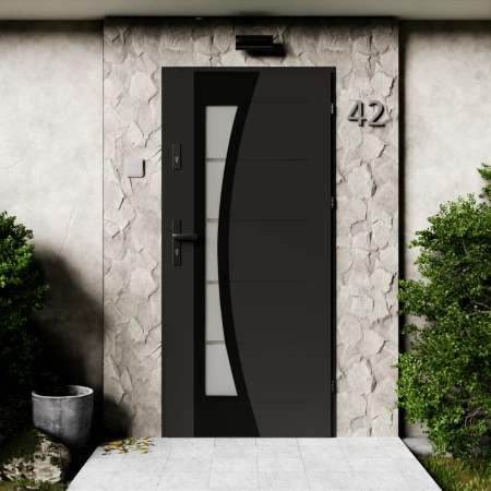 Drzwi zewnętrzne stalowe do domu Optima Black 72mm z klamką czarną energooszczędne Ud=1.3 lustro weneckie szyba mleczna Program Czyste Powietrze