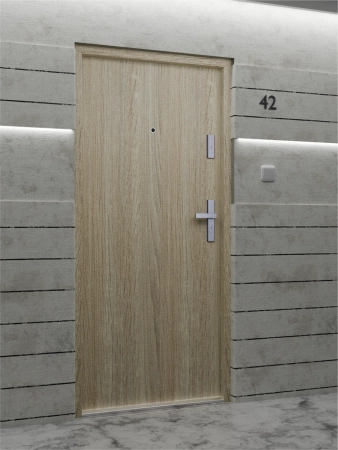 Drzwi wewnątrzklatkowe antywłamaniowe RC3 z Certyfikatem akustyczne wyciszające 47 dB 55 mm stalowe gładkie z klamką inox srebrną dąb sonoma G00