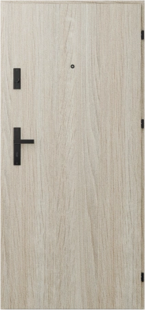 Drzwi wewnątrzklatkowe antywłamaniowe RC3 z Certyfikatem akustyczne wyciszające 47 dB 55 mm stalowe z klamką czarną i aplikacjami dąb sonoma A7