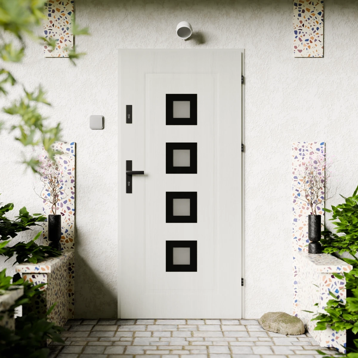 Drzwi zewnętrzne stalowe do domu Quarto Black 72mm z klamką czarną energooszczędne Ud=1.3 reflex szary szyba mleczna Program Czyste Powietrze