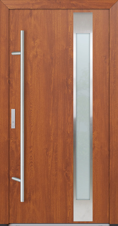 Drzwi zewnętrzne wejściowe do domu stalowo aluminiowe 82 mm DS82 przeszklone z okuciami inox złoty dąb Program Czyste Powietrze M04