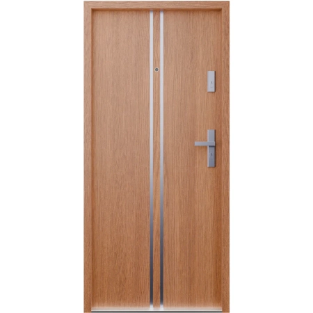 Drzwi wewnątrzklatkowe akustyczne wyciszające 47 dB z Certyfikatem antywłamaniowe RC3 55 mm stalowe z klamką inox srebrną i aplikacjami złoty dąb A7