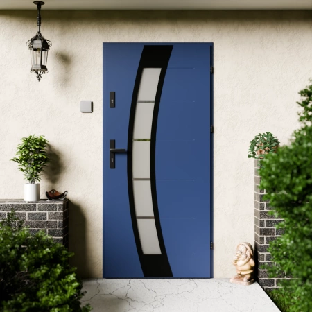 Drzwi zewnętrzne stalowe do domu Efekta Black 72 mm z klamką czarną energooszczędne Ud=1.3 lustro weneckie szyba mleczna Program Czyste Powietrze