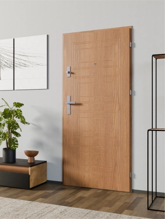 Drzwi wewnątrzklatkowe antywłamaniowe RC3 z Certyfikatem akustyczne wyciszające 47 dB 55 mm stalowe z tłoczeniami z klamką inox srebrną złoty dąb T34