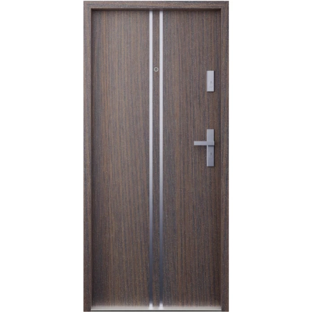 Drzwi wewnątrzklatkowe antywłamaniowe w klasie RC4 55 mm stalowe z klamką i zawiasami srebrnymi inox dąb bagienny A7