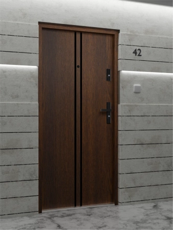 Drzwi wewnątrzklatkowe antywłamaniowe RC3 z Certyfikatem akustyczne wyciszające 47 dB 55 mm stalowe z klamką czarną i aplikacjami orzech A7