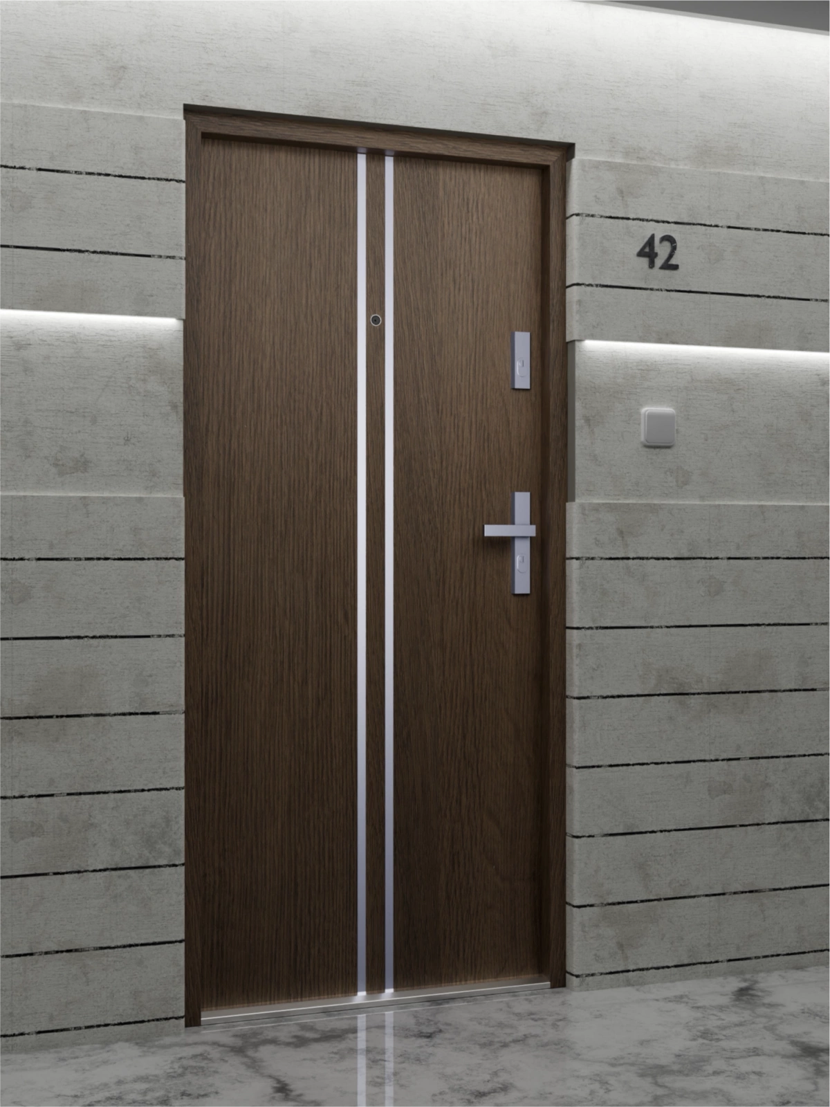 Drzwi wewnątrzklatkowe antywłamaniowe w klasie RC4 55 mm stalowe z klamką i zawiasami srebrnymi inox dąb trufla A7