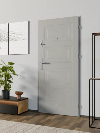 Drzwi wewnątrzklatkowe antywłamaniowe RC3 z Certyfikatem akustyczne wyciszające 47 dB 55 mm stalowe z tłoczeniami z klamką inox srebrną szare T34