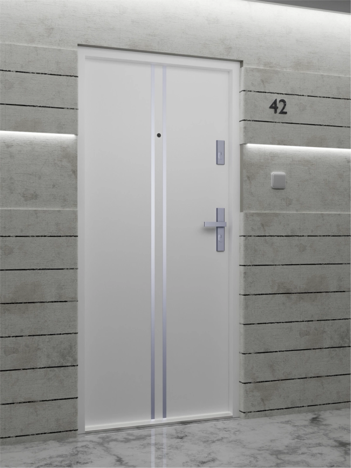 Drzwi wewnątrzklatkowe antywłamaniowe w klasie RC4 55 mm stalowe z klamką i zawiasami srebrnymi inox białe A7