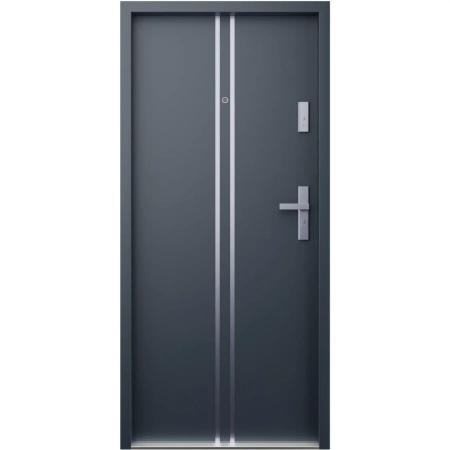 Drzwi wewnątrzklatkowe akustyczne wyciszające 47 dB antywłamaniowe RC3 55 mm stalowe z klamką inox srebrną i aplikacjami antracyt db703 A7