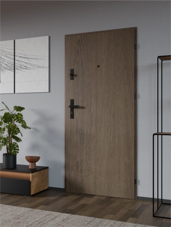 Drzwi wewnątrzklatkowe antywłamaniowe RC3 z Certyfikatem akustyczne wyciszające 47 dB 55 mm stalowe gładkie z klamką czarną dąb trufla G00
