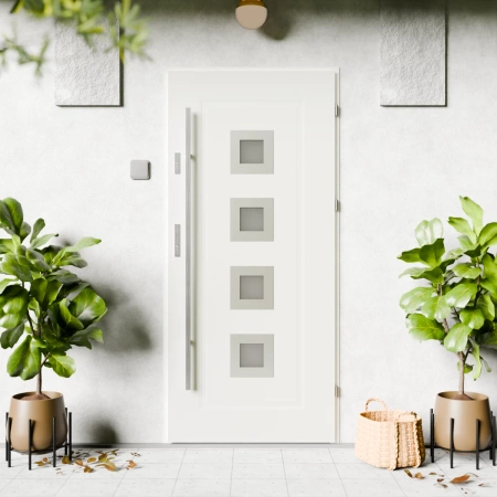 Drzwi zewnętrzne stalowe do domu Quarto Inox 72mm z antabą/pochwytem energooszczędne Ud=1.3 reflex szary szyba mleczna Program Czyste Powietrze