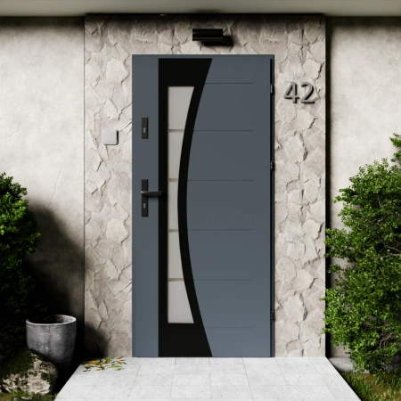 Drzwi zewnętrzne stalowe do domu Optima Black 72mm z klamką czarną energooszczędne Ud=1.3 lustro weneckie szyba mleczna Program Czyste Powietrze