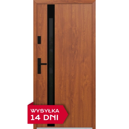 Drzwi zewnętrzne do domu stalowo aluminiowe 68 mm z szybą i czarnymi okuciami ATU68 złoty dąb Program Czyste Powietrze M534