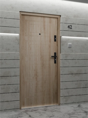 Drzwi wewnątrzklatkowe antywłamaniowe RC3 z Certyfikatem akustyczne wyciszające 47 dB 55 mm stalowe z tłoczeniami z klamką czarną dąb turner T34