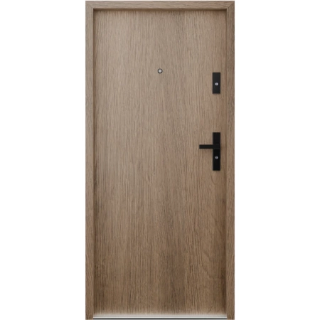 Drzwi wewnątrzklatkowe antywłamaniowe RC3 z Certyfikatem akustyczne wyciszające 47 dB 55 mm stalowe gładkie z klamką czarną dąb trufla G00