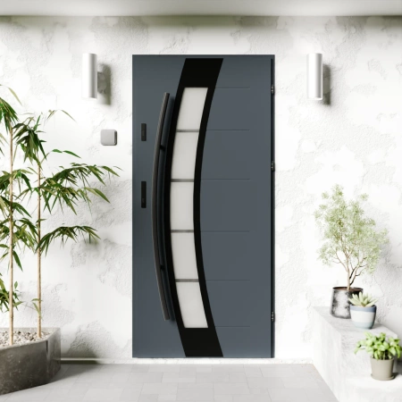 Drzwi zewnętrzne stalowe do domu Efekta Black 72mm z antabą/pochwytem energooszczędne Ud=1.3 lustro weneckie szyba mleczna Program Czyste Powietrze