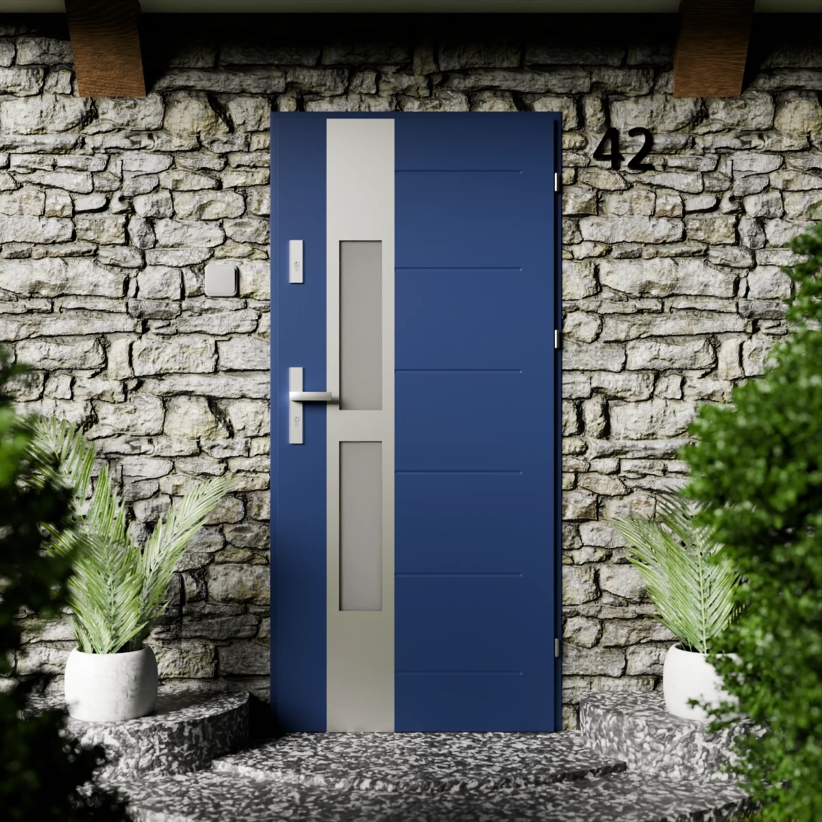 Drzwi zewnętrzne stalowe do domu Anda Inox 72mm z klamką energooszczędne Ud=1.3 lustro weneckie szyba mleczna Program Czyste Powietrze