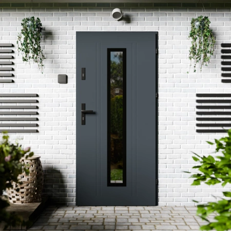 Drzwi zewnętrzne stalowe do domu Presto Black 72mm z klamką czarną energooszczędne Ud-1.3 lustro weneckie szyba mleczna Program Czyste Powietrze