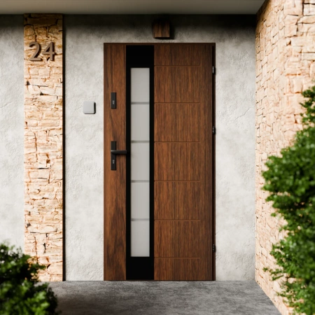 Drzwi zewnętrzne stalowe do domu Sanda Black 72mm z klamką czarną energooszczędne Ud=1.3 lustro weneckie szyba mleczna Program Czyste Powietrze