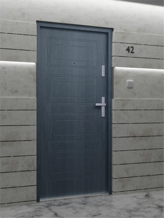 Drzwi wewnątrzklatkowe akustyczne wyciszające 47 dB antywłamaniowe RC3 55 mm stalowe z tłoczeniami z klamką inox srebrną antracyt drewnopodobny T34