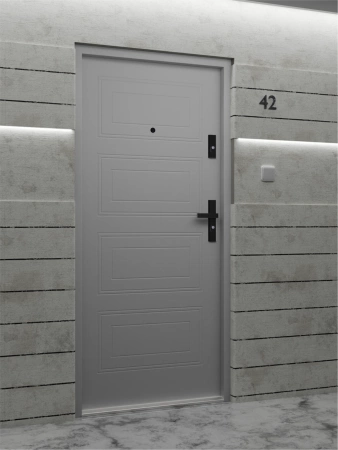 Drzwi wewnątrzklatkowe antywłamaniowe RC3 z Certyfikatem akustyczne wyciszające 47 dB 55 mm stalowe z tłoczeniami z klamką czarną szare T34