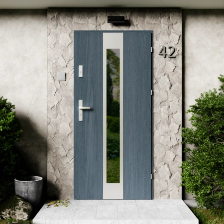 Drzwi zewnętrzne stalowe do domu Modern Inox 72mm z klamką energooszczędne Ud=1.3 przeszklone lustro weneckie szyba mleczna Program Czyste Powietrze
