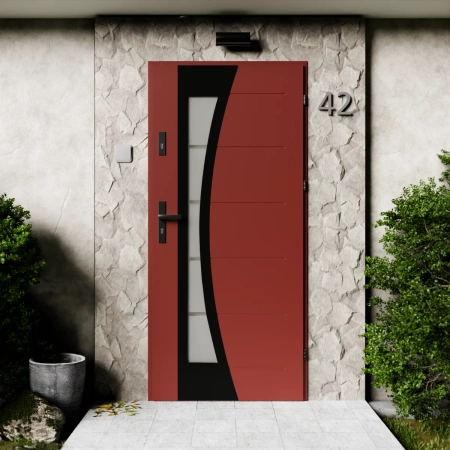 Drzwi zewnętrzne stalowe do domu Optima Black 72mm z klamką czarną energooszczędne Ud=1.3 lustro weneckie szyba mleczna Program Czyste Powietrze