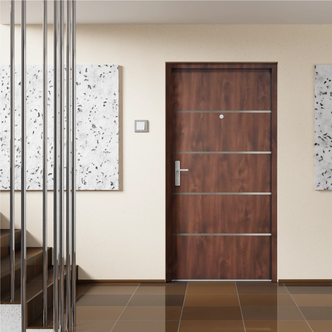 Drzwi wewnątrzklatkowe antywłamaniowe z Certyfikatem w klasie RC3 68mm stalowe akustyczne 44 dB dymoszczelne orzech M02