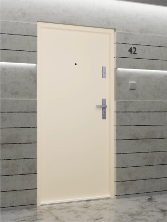 Drzwi wewnątrzklatkowe antywłamaniowe RC3 z Certyfikatem akustyczne wyciszające 47 dB 55 mm stalowe gładkie z klamką inox srebrną beżowe G00