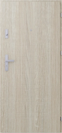 Drzwi wewnątrzklatkowe akustyczne wyciszające 47 dB antywłamaniowe RC3 55 mm stalowe z tłoczeniami z klamką inox srebrną dąb sonoma T34