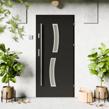 Drzwi zewnętrzne stalowe do domu Twista Inox 72 mm z antabą/pochwytem energooszczędne Ud=1.3 lustro weneckie szyba mleczna Program Czyste Powietrze
