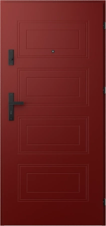 Drzwi wewnątrzklatkowe antywłamaniowe RC3 z Certyfikatem akustyczne wyciszające 47 dB 55 mm stalowe z tłoczeniami z klamką czarną czerwone T34
