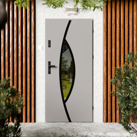 Drzwi zewnętrzne stalowe do domu Maestro Black 72mm z klamką czarną energooszczędne Ud=1.3 lustro weneckie szyba mleczna Program Czyste Powietrze