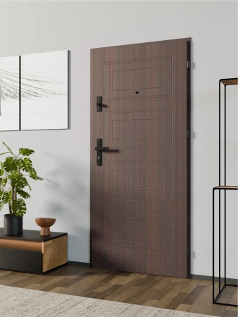 Drzwi wewnątrzklatkowe antywłamaniowe RC3 z Certyfikatem akustyczne wyciszające 47 dB 55 mm stalowe z tłoczeniami z klamką czarną mahoń T34