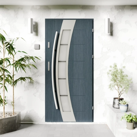 Drzwi zewnętrzne stalowe do domu Efekta Inox 72mm z antabą/pochwytem energooszczędne Ud=1.3 lustro weneckie szyba mleczna Program Czyste Powietrze